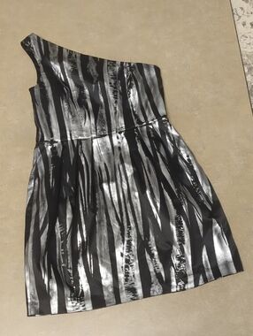 Y2K XOXO Black and Metallic Silver Striped One-Shoulder Dress Size 3